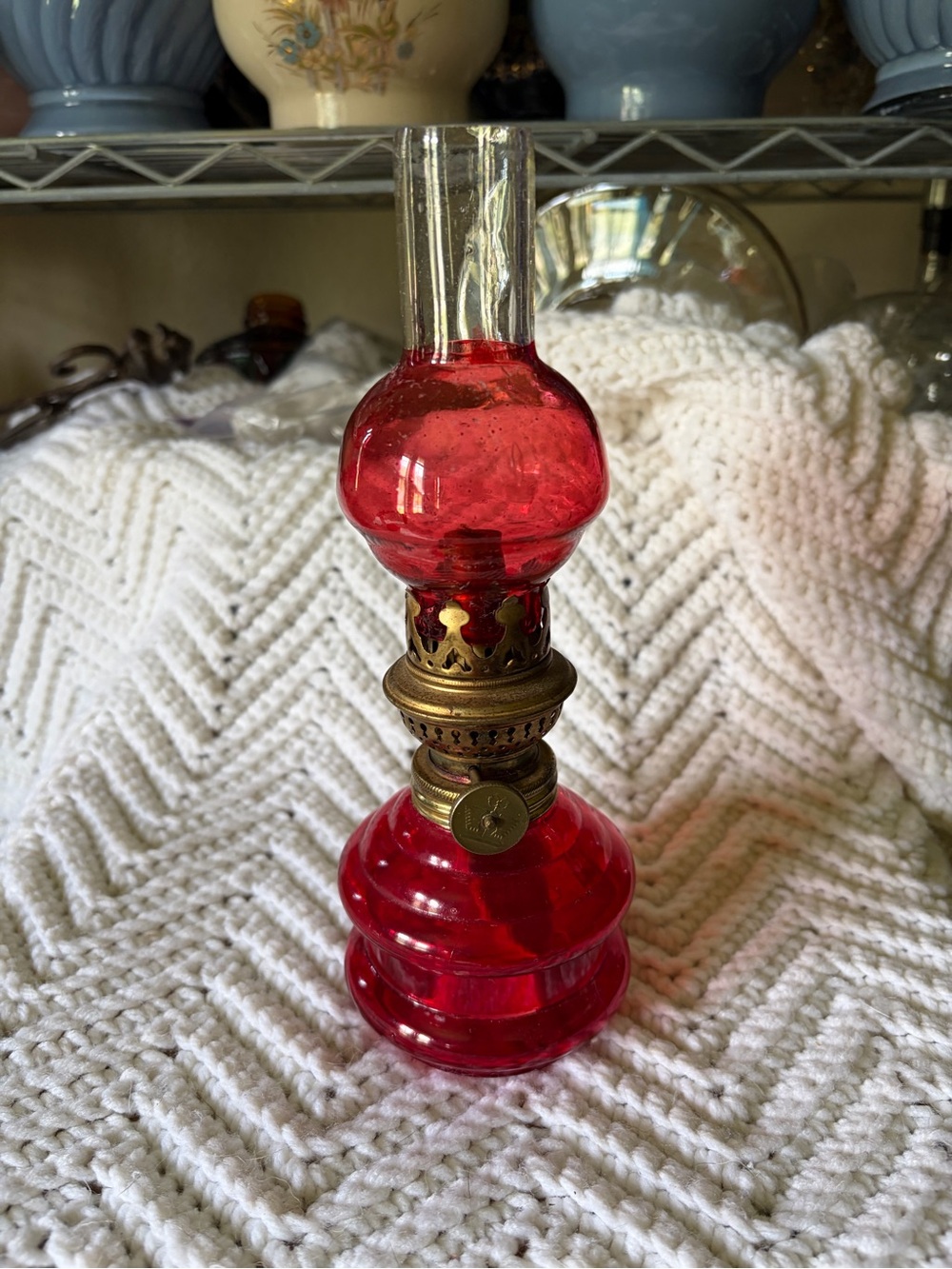 Red Glass Mini Oil Lamp with Brass Burner